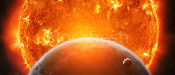 Stock photo: Exploding sun in space close to planet Earth and moon