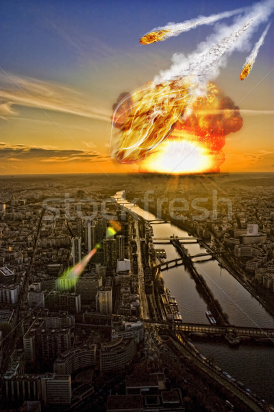 Meteoriet douche stad gebouwen brand wereld Stockfoto © sdecoret