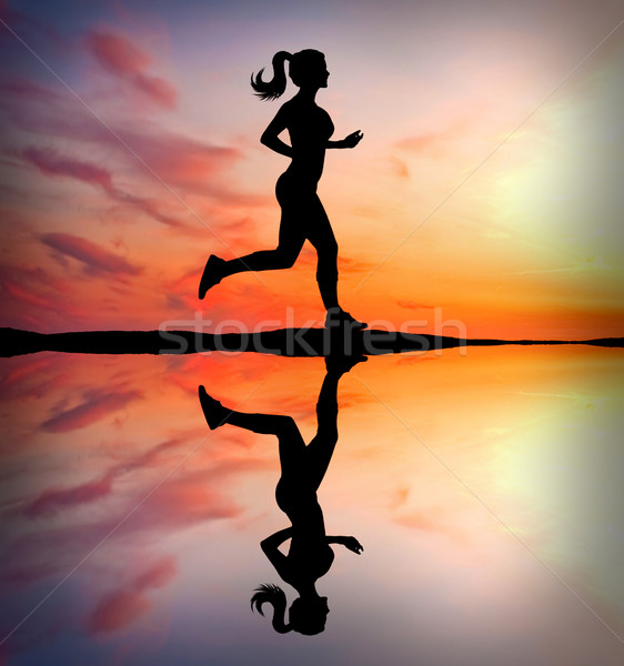 Stockfoto: Vrouw · lopen · strand · silhouet · fitness · meisje