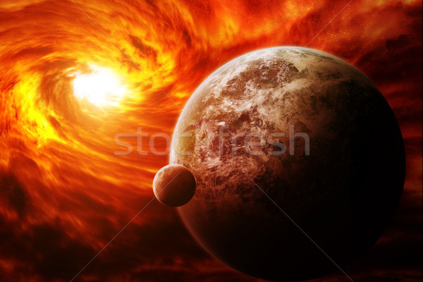 Stock photo: Red nebula in space with planet Earth