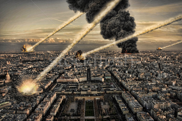 Meteoriet douche stad gebouwen brand wereld Stockfoto © sdecoret