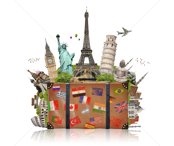 Illustration valise plein célèbre monuments monde Photo stock © sdecoret