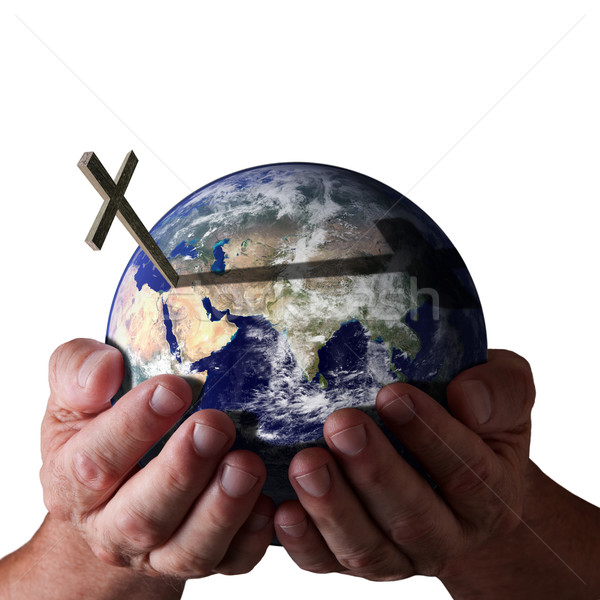 For God so loved the world... God holding world with cross Stock photo © sdenness