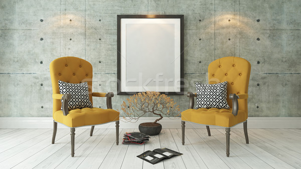 black picture frames with double yellow bergere and concrete wal Stock photo © sedatseven