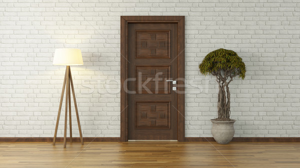 Foto stock: Blanco · pared · de · ladrillo · puerta · luz · 3D