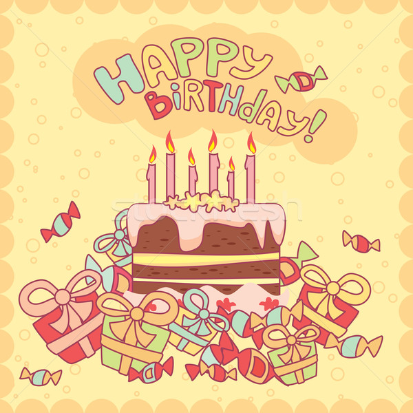 Boldog születésnapot kártya torta gyertyák ajándékok baba Stock fotó © SelenaMay