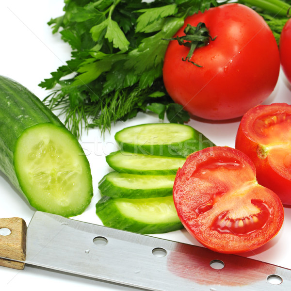 Foto stock: Tomates · pepino · salsa · isolado · branco · comida