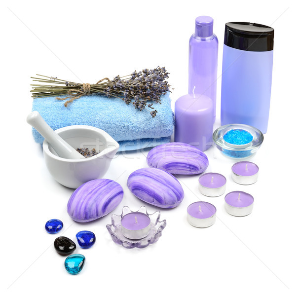 Soap, shampoo, towel, lavender oil, scented candles isolated on  Stock photo © serg64