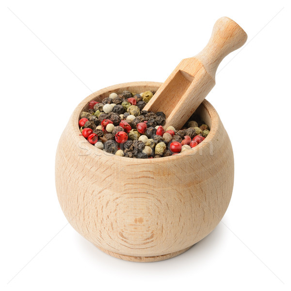 Stockfoto: Peper · houten · schep · pot · geïsoleerd