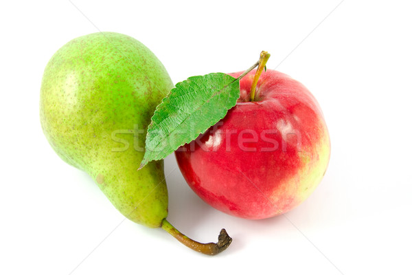 Stock foto: Roten · Apfel · grünen · Birne · weiß · Essen · Blatt