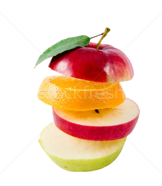 Imagine de stoc: Fruct · care · zboară · felii · izolat · alb · măr
