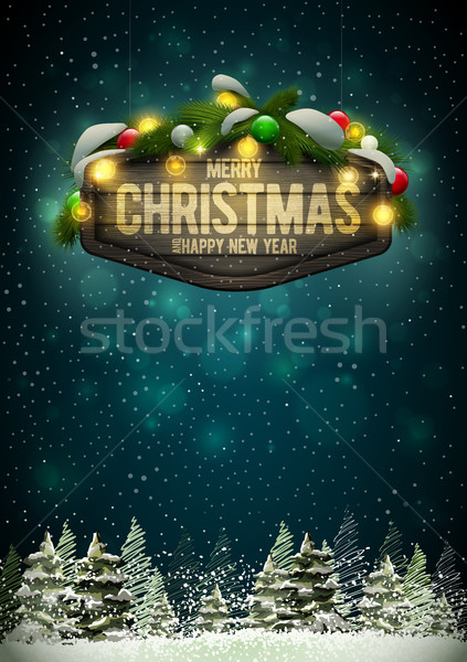 Foto stock: Navidad · escena · vector · año · nuevo · pino