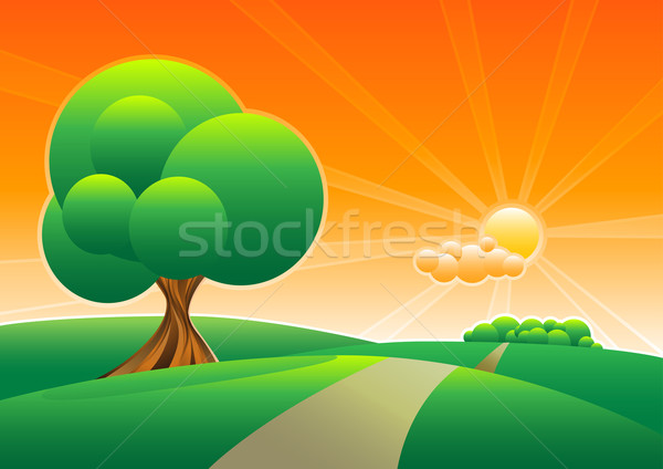 Samotny drzewo zielone dziedzinie warstwy wektora Zdjęcia stock © sgursozlu