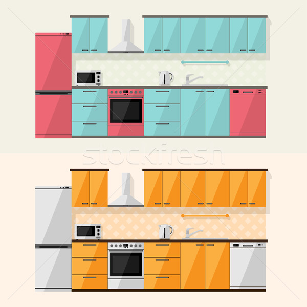 интерьер кухни дома микроволновая печь холодильнике газ Сток-фото © shai_halud