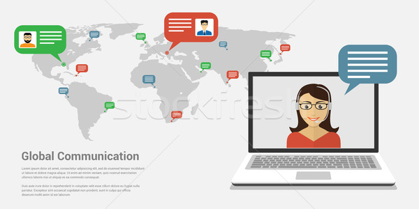 Globális kommunikáció szalag kép mosolygó nő laptopok képernyő Stock fotó © shai_halud