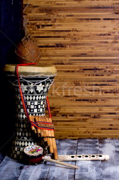 Trommel zwei Flöten Bambus Musik Holz Stock foto © sharpner