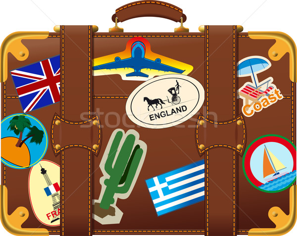 Foto stock: Marrón · maleta · etiqueta · pasado · de · moda · vista · lateral · viaje