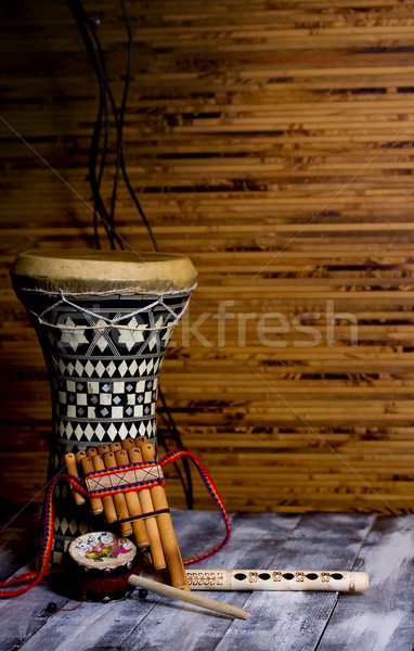 Stock foto: Zwei · Flöten · Trommel · Bambus · Musik · Holz