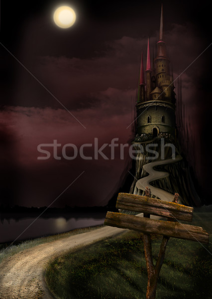 Foto stock: Velho · castelo · lua · outro · noite · paisagem