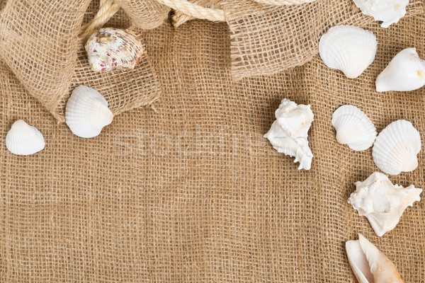 Stock photo: Seashells with rope on brown burlap cloth