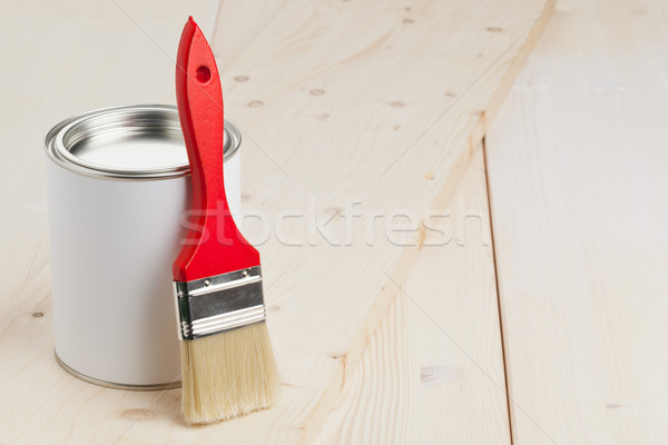 Malerei Vorbereitung rot Pinsel Farbeimer Holz Stock foto © ShawnHempel