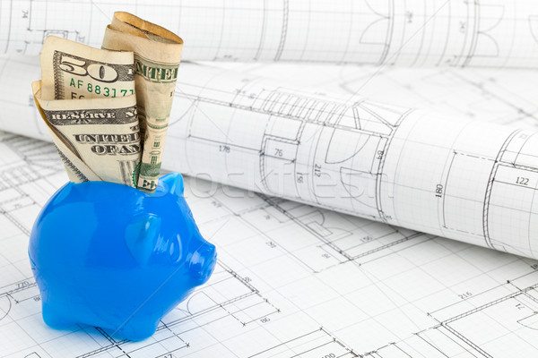 Otthon építkezés finanszírozás kék persely dollár bankjegyek Stock fotó © ShawnHempel