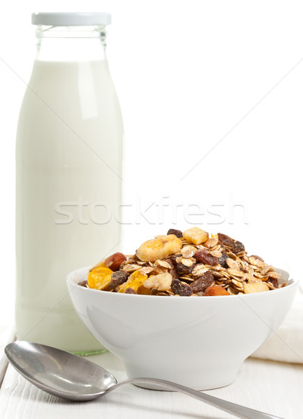 Muesli latte ciotola bottiglia sfondo grano Foto d'archivio © ShawnHempel
