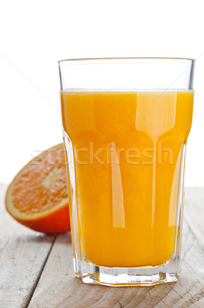 Foto stock: Suco · de · laranja · vidro · laranja · metade
