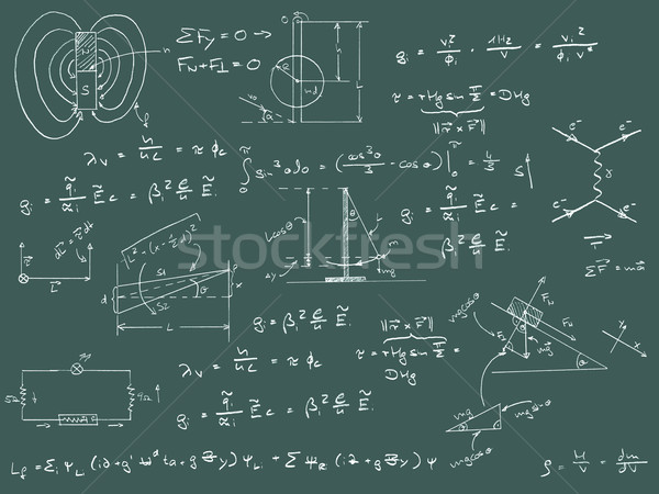 Foto d'archivio: Fisica · diagrammi · formule · gesso · calligrafia · verde