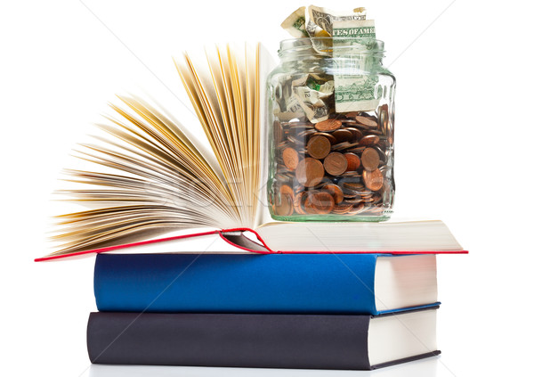 Stockfoto: Onderwijs · financiering · boeken · penny · jar · munten
