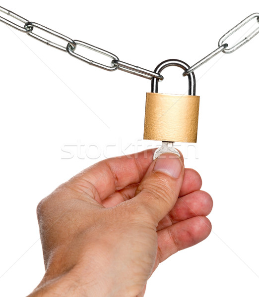 Man locking padlock between two chains Stock photo © ShawnHempel