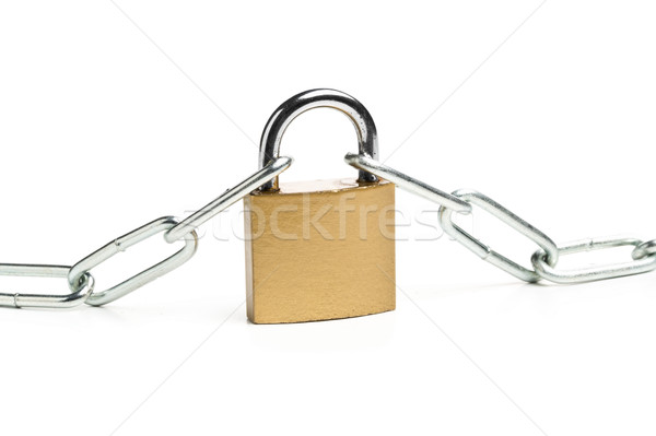 Brass padlock connecting two chains over white background Stock photo © ShawnHempel