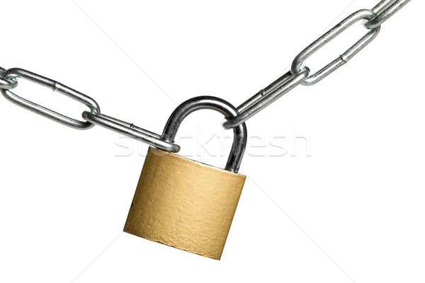 Brass padlock connecting two chains over white background Stock photo © ShawnHempel