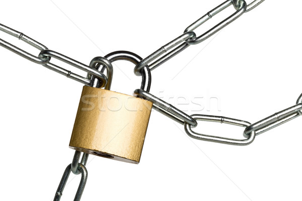 Brass padlock connecting multiple chains over white background Stock photo © ShawnHempel