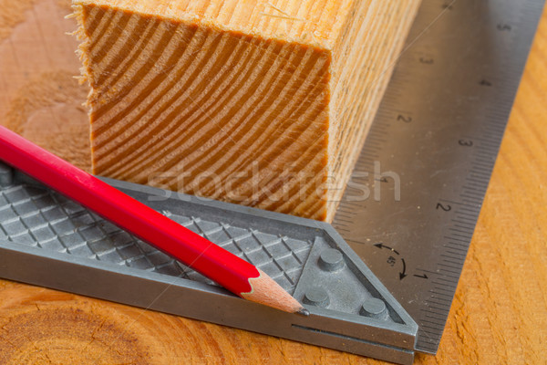 Stock photo: Cut wood with try square and pencil