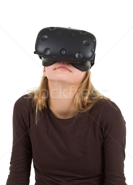 Foto stock: Menina · virtual · realidade · fone · isolado