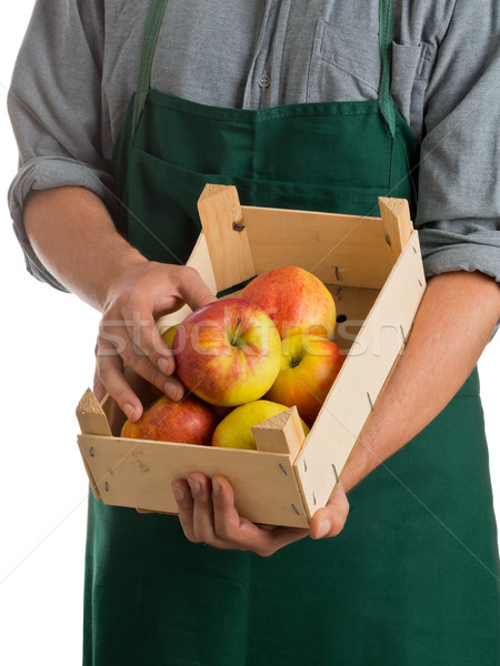Stock photo: Farmer holding crate with fresh harvested apples