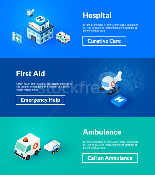 Hospital first aid and ambulance banners of isometric color design Stock photo © sidmay