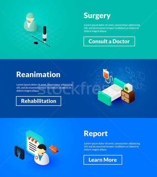 Surgery reanimation and report banners of isometric color design Stock photo © sidmay