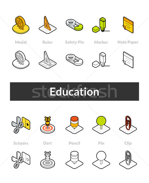 Set of isometric icons in otline style, colored and black versions Stock photo © sidmay