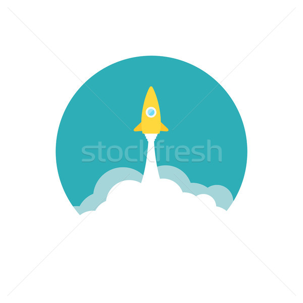 Yellow rocket and white cloud, circle icon in flat style, vector illustration Stock photo © sidmay