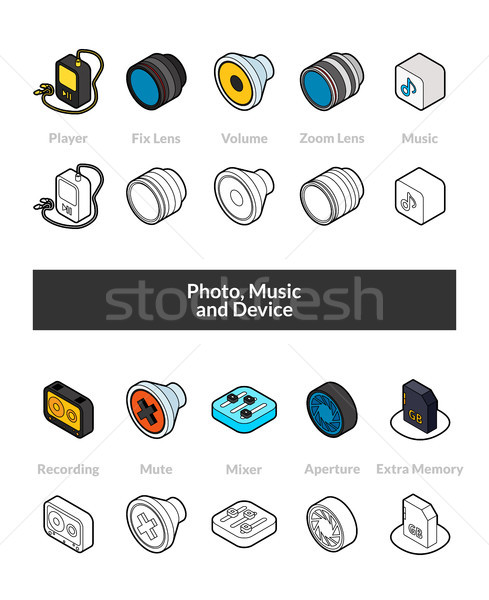 Set of isometric icons in otline style, colored and black versions Stock photo © sidmay