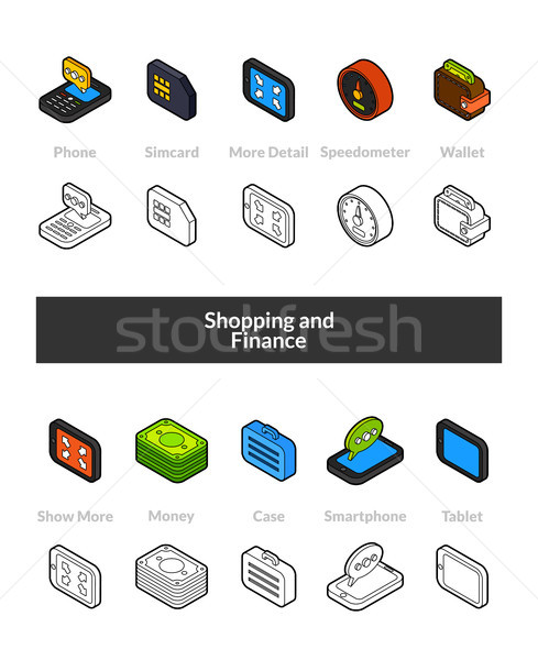 Set of isometric icons in otline style, colored and black versions Stock photo © sidmay