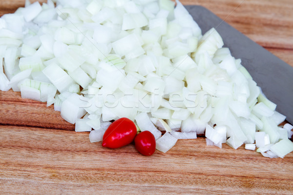 Fresh Diced Onion with Knife and Chillis Stock photo © silkenphotography