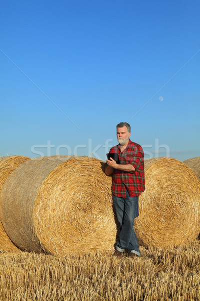 Farmer and bale of straw in field Stock photo © simazoran