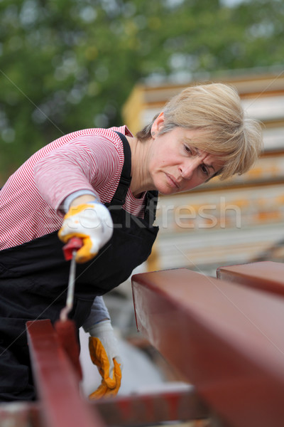 Serious female worker painting tube with paintroller, real people selective focus and no retouching Stock photo © simazoran