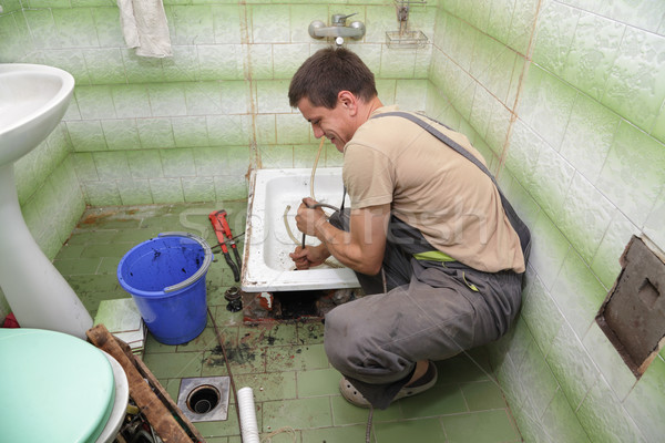 Sanitair loodgieter schoonmaken drain badkamer kabel Stockfoto © simazoran