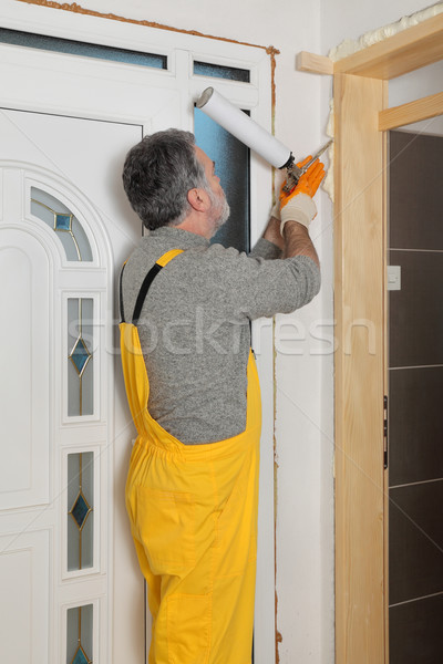 Stockfoto: Werknemer · houten · deur · schuim