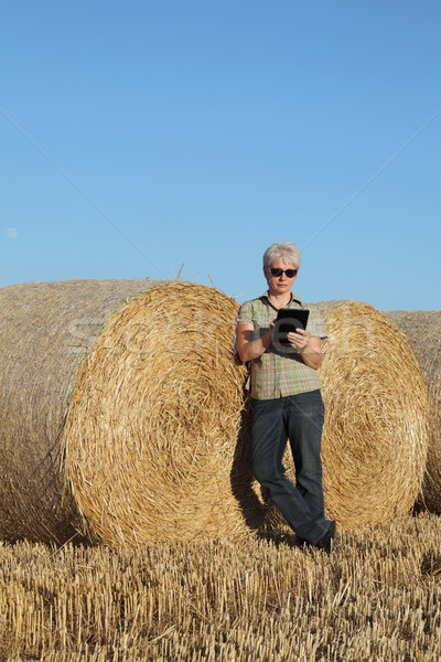 Farmer examining wheat field after harvest using tablet Stock photo © simazoran