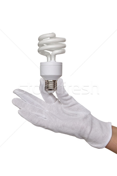 Stock foto: Spirale · fluoreszierenden · Glühlampe · Hand · menschlichen · Hand · Handschuh